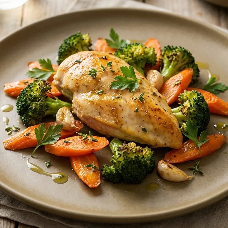 Baked Chicken with Broccoli & Carrots (Low Sodium) - Sheet-pan roasted chicken breast with broccoli and carrots tossed in olive oil, 