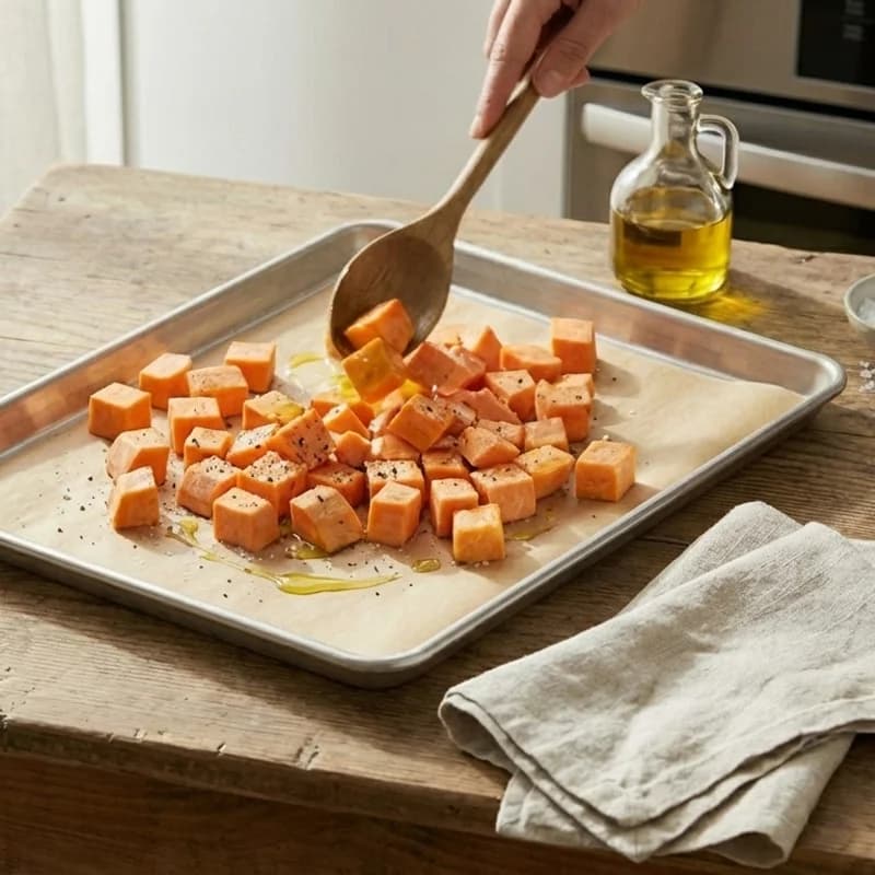 Step 2: Toss sweet potato cubes with half the olive oil, salt, and p