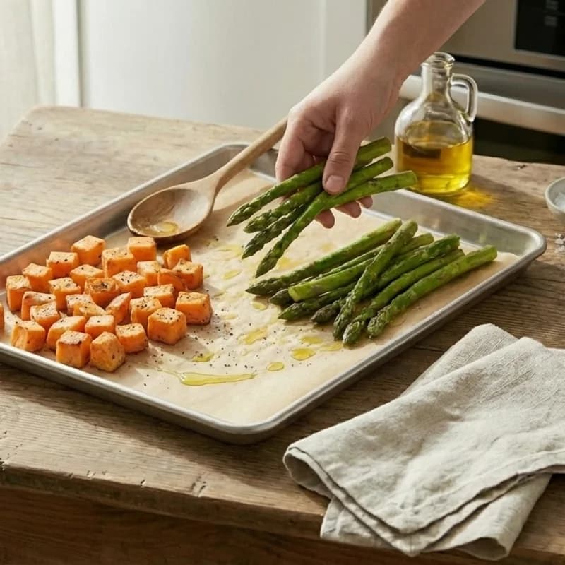 Step 3: Remove baking sheet, push sweet potatoes to one side. Add as