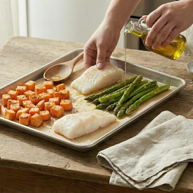 Step 4: Pat cod fillets dry and place on the baking sheet. Drizzle w