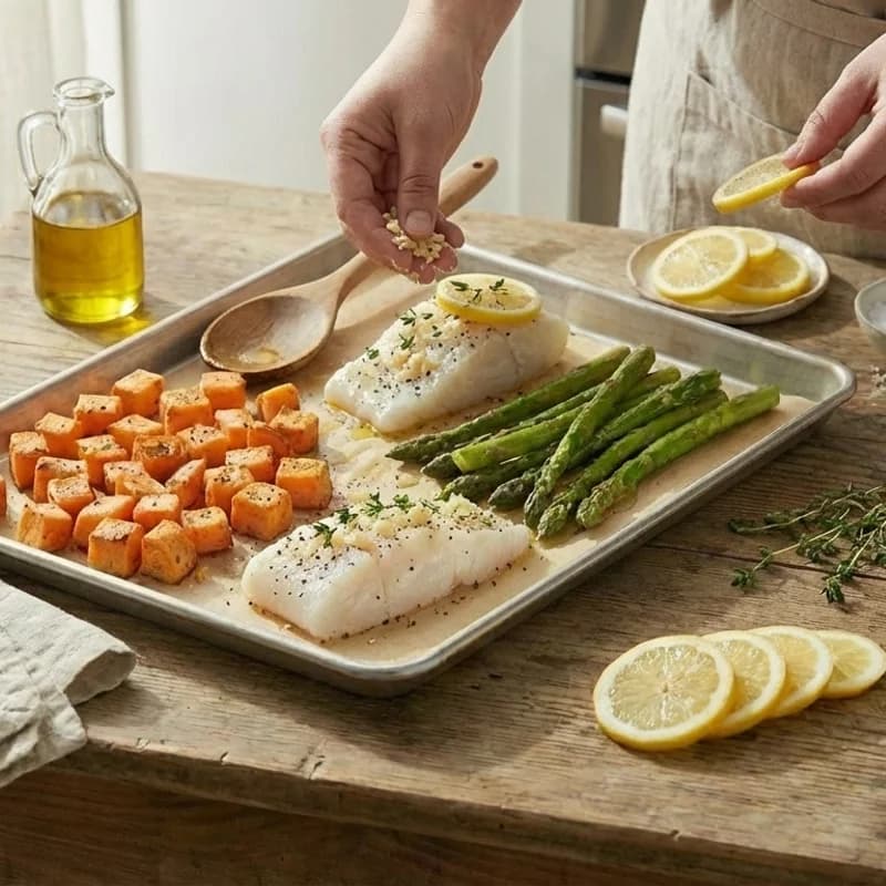 Step 5: Season fish with minced garlic, thyme, rosemary, salt, and p
