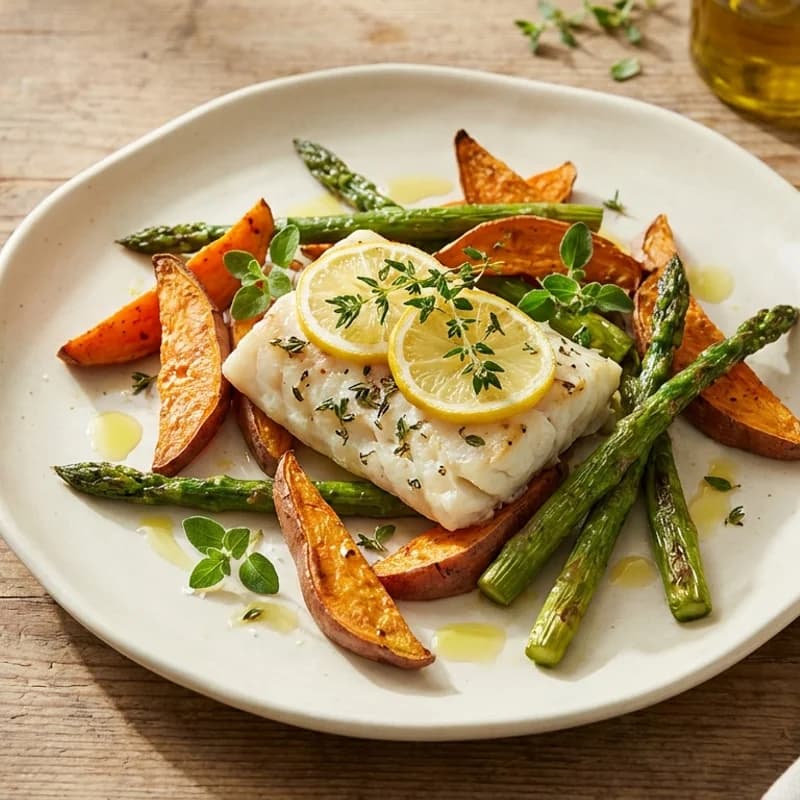 Baked Cod with Roasted Vegetables - Flaky, tender cod fillets baked with lemon and herbs, served alongside perfectly