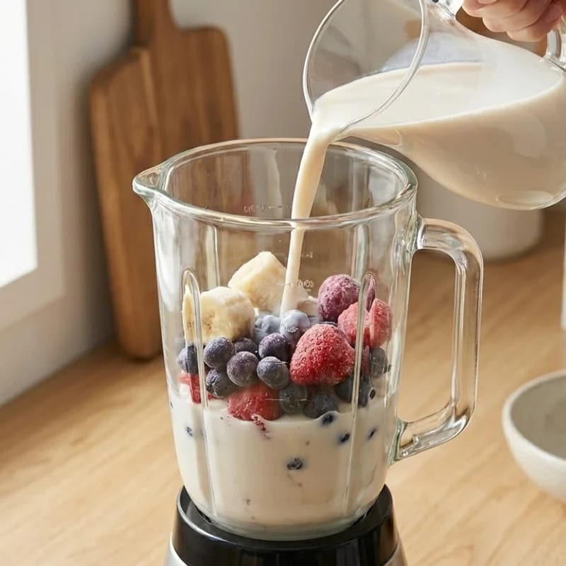 Step 1: Add frozen banana, frozen blueberries, and almond milk to a 