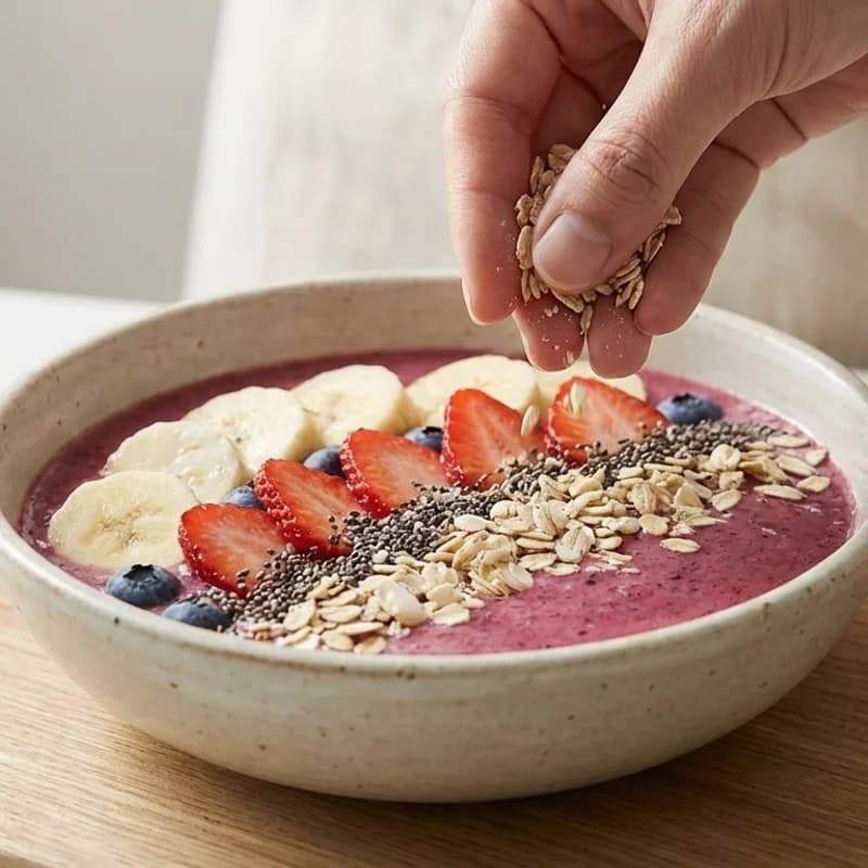Step 4: Top with oats, chia seeds, sliced strawberries, and shredded