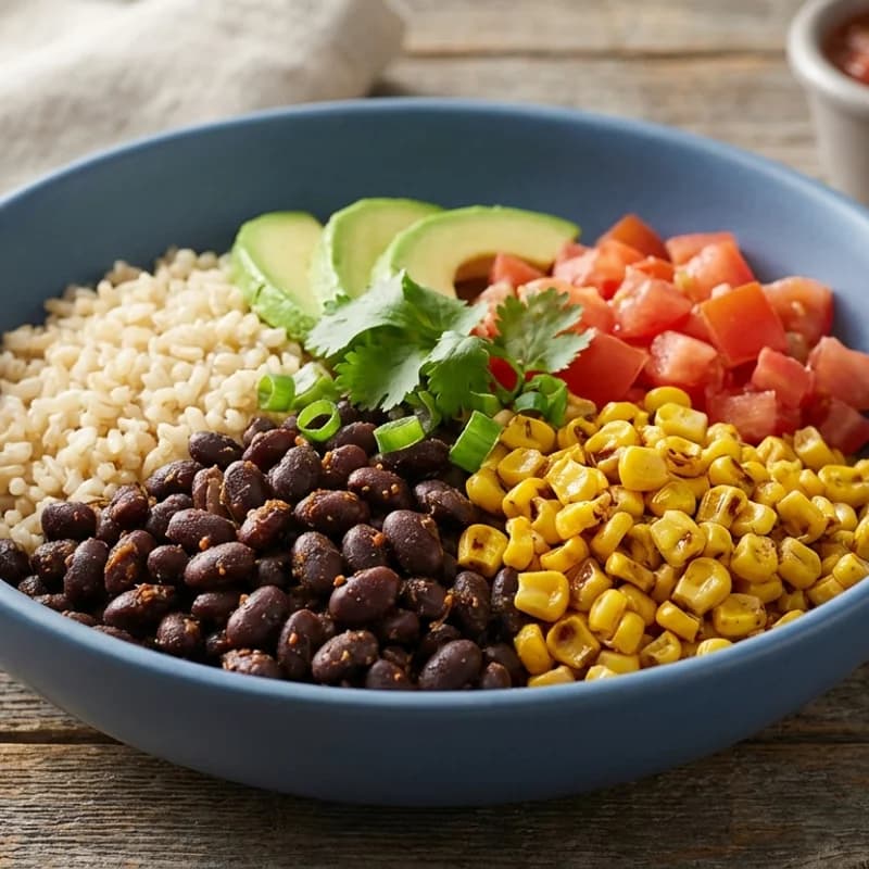 Black Bean & Brown Rice Bowl - Simple burrito-style bowl with brown rice, seasoned black beans, corn, tomatoes,