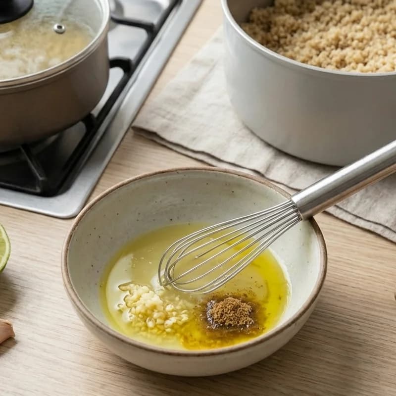 Step 2: While quinoa cooks, make the dressing: whisk together lime j