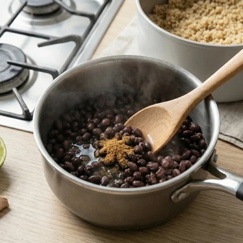 Step 3: In a pan, warm black beans with a splash of water and a pinc