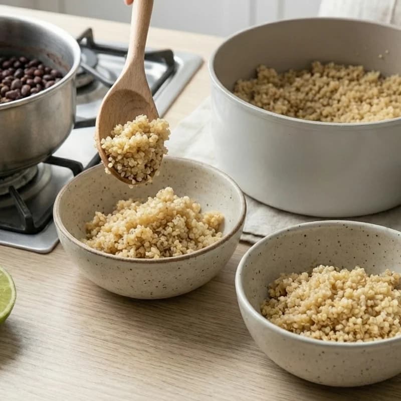 Step 4: Divide cooked quinoa between two bowls.