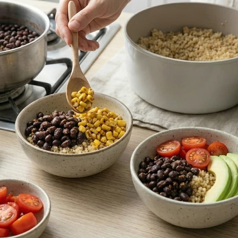Step 5: Top each bowl with black beans, corn, halved cherry tomatoes