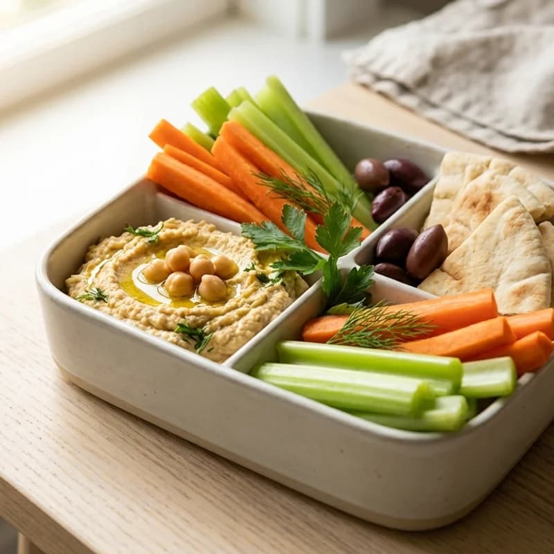 Carrot & Celery Hummus Snack Box - Carrot sticks and celery with hummus for a fiber-rich grab-and-go snack.