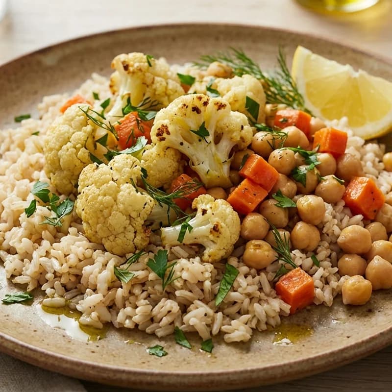 Cauliflower Chickpea Rice Bowl (Low Sodium) - Roasted cauliflower and chickpeas with carrots and parsley over rice, dressed wi