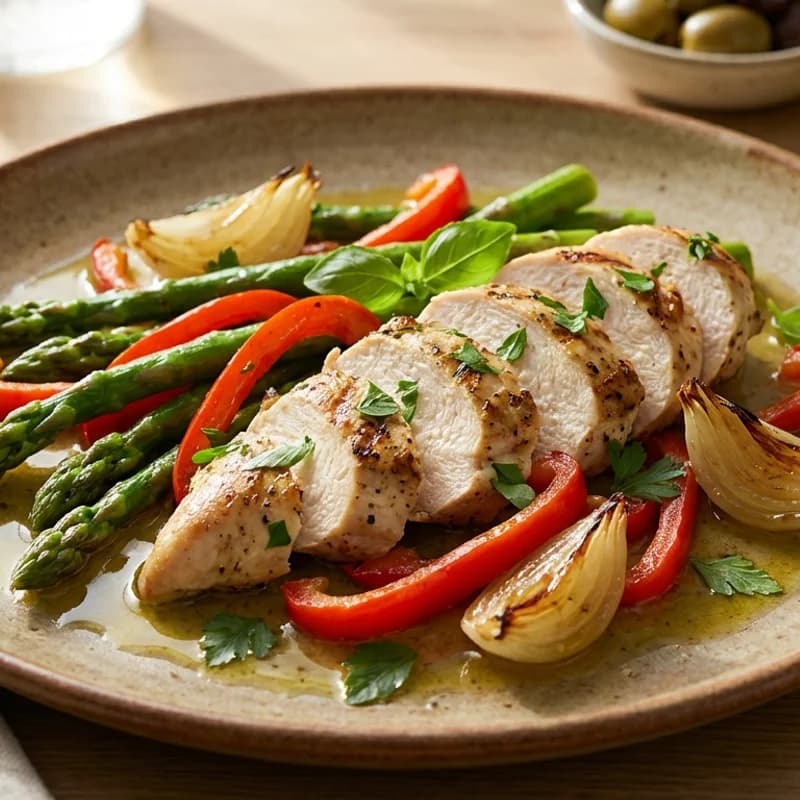 Chicken Asparagus & Pepper Sauté (Low Sodium) - Quick sauté of chicken breast with asparagus and red bell pepper, brightened wit
