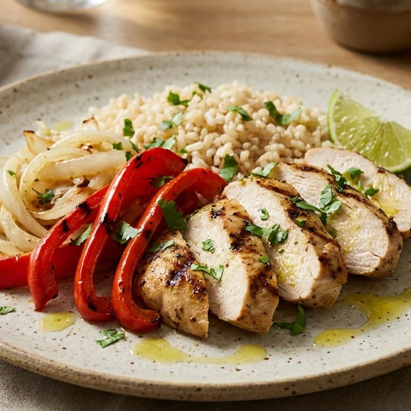 Chicken Fajita Brown Rice Bowl - Sautéed chicken strips with bell peppers and onions served over brown rice with 