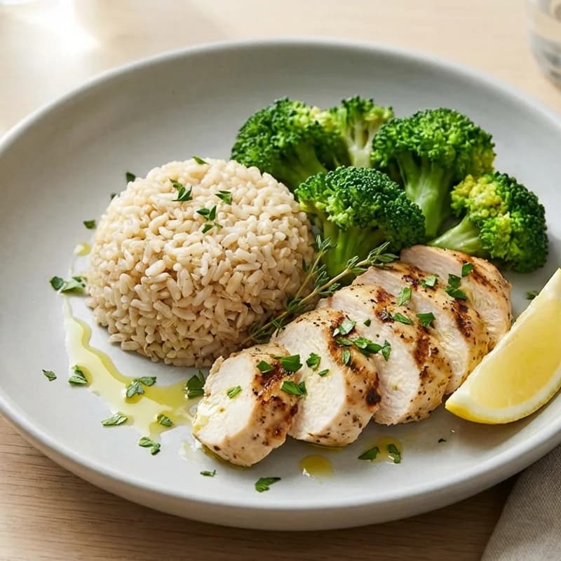 Chicken Rice Recovery Bowl (Post-Workout) - Grilled chicken with brown rice and broccoli for a balanced protein-carb recover