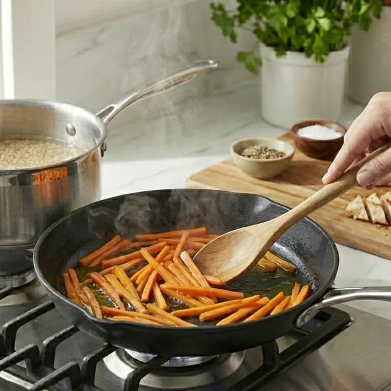 Step 5: In another pan, heat remaining olive oil. Sauté carrots for 