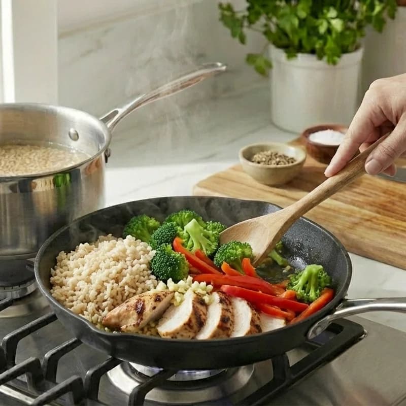 Step 6: Add broccoli and bell pepper with remaining garlic and ginge