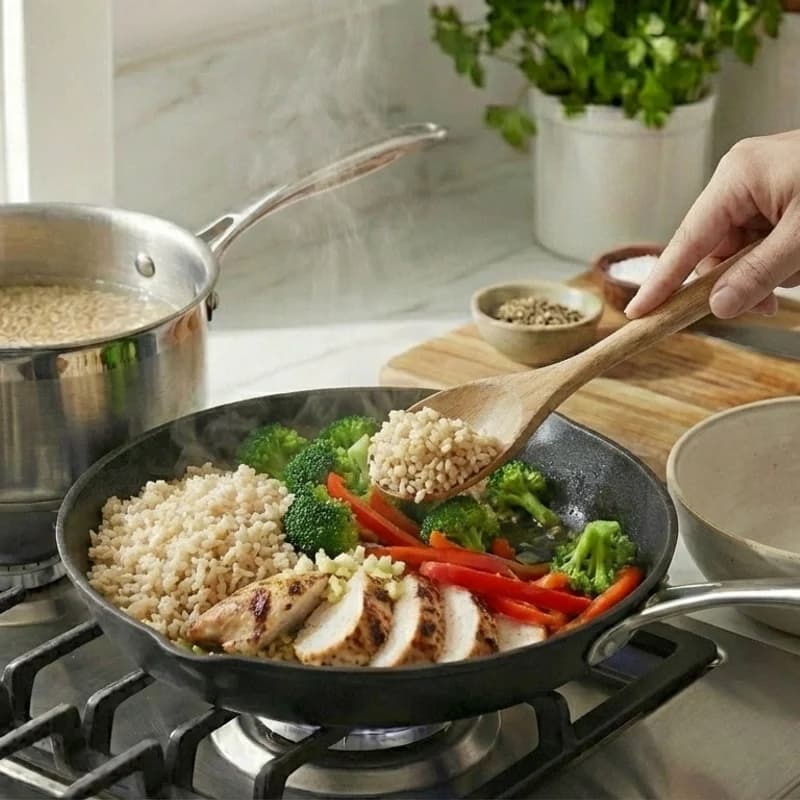 Step 7: Divide rice between two bowls, top with vegetables and slice