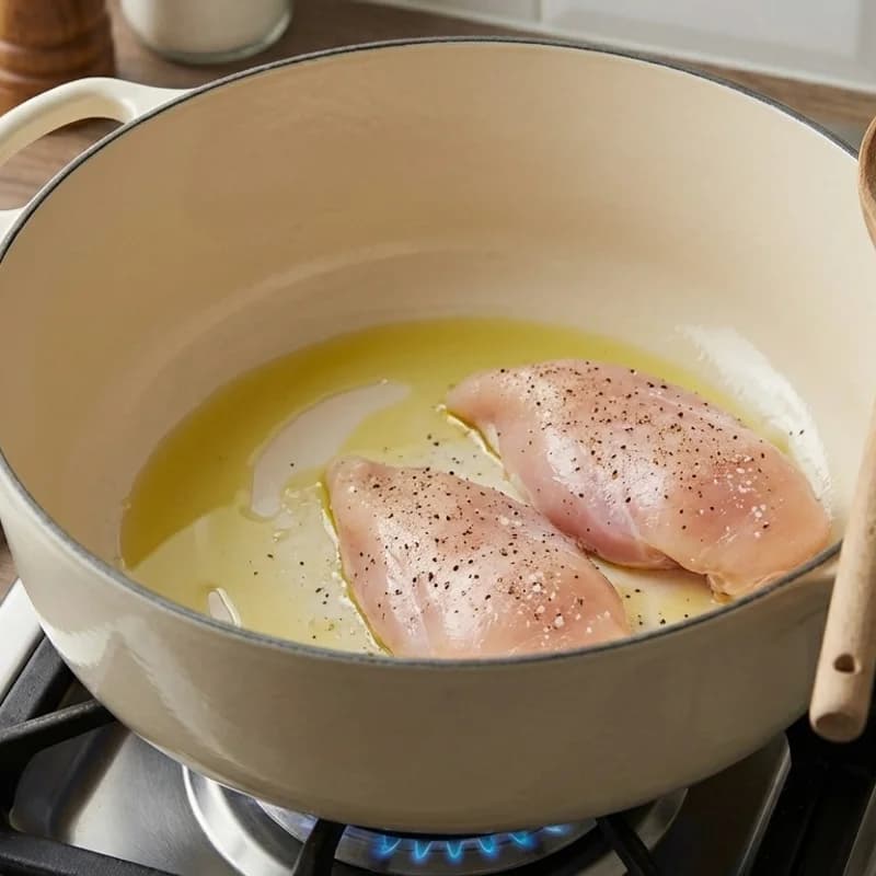 Step 1: Heat olive oil in a large pot over medium heat. Season chick