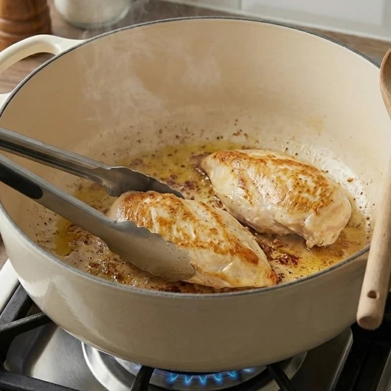 Step 2: Add chicken to pot and cook until browned on both sides, abo