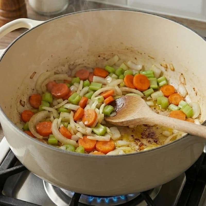 Step 3: Add onion, carrots, and celery to the pot. Sauté for 5 minut