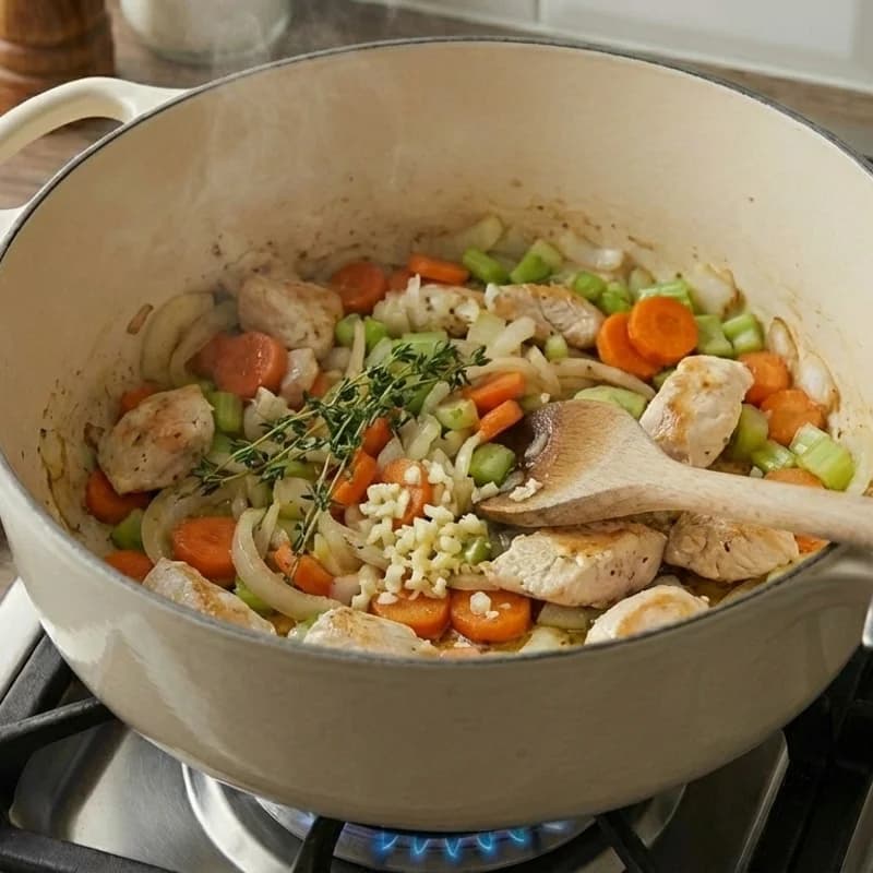 Step 4: Add garlic and thyme, cook for 1 minute until fragrant.