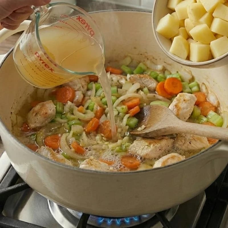 Step 5: Add potatoes and 6 cups of water or chicken broth. Bring to 