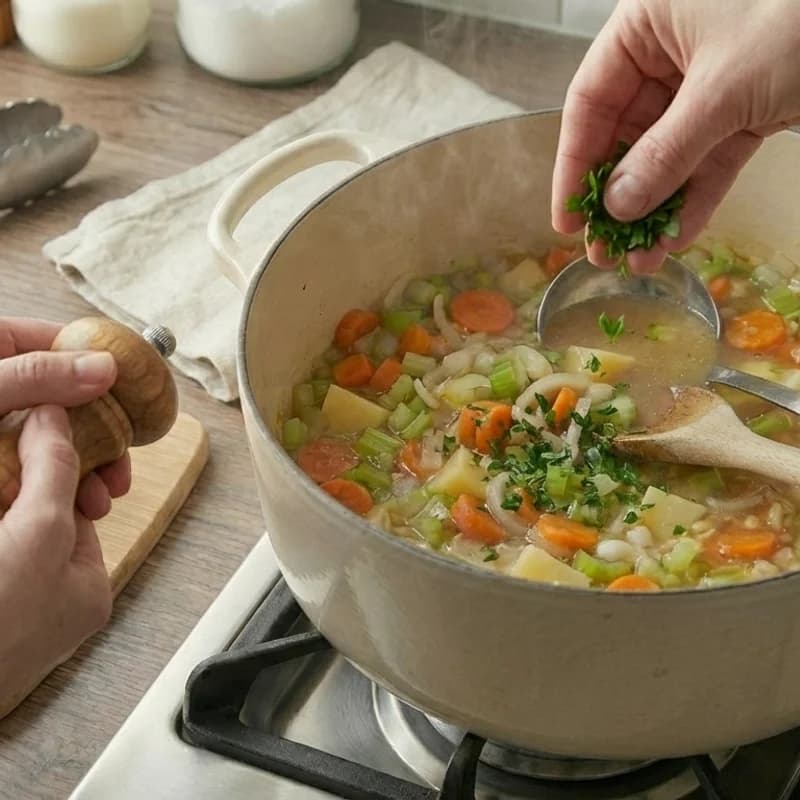 Step 8: Season with salt and pepper to taste. Serve hot, garnished w