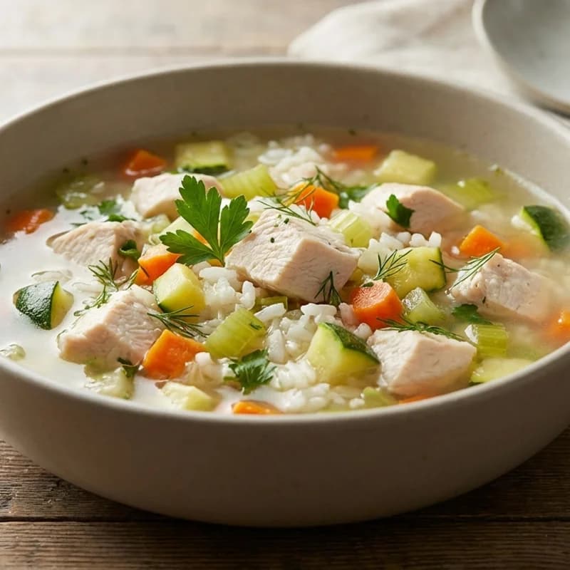 Chicken Zucchini Rice Soup (Low Sodium) - Light chicken soup with zucchini, carrots, celery, and a touch of brown rice for