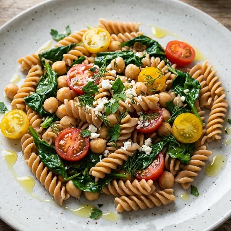 Chickpea Spinach Pasta Salad - Whole wheat pasta tossed with chickpeas, spinach, cherry tomatoes, and a lemon-p