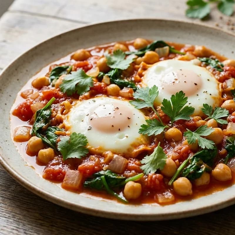 Chickpea Spinach Shakshuka - Tomato-based skillet with chickpeas and spinach, finished with gently poached eg