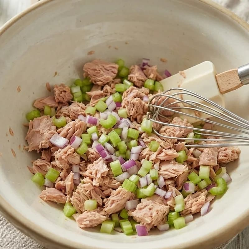 Step 1: In a bowl, combine drained tuna, diced celery, and red onion
