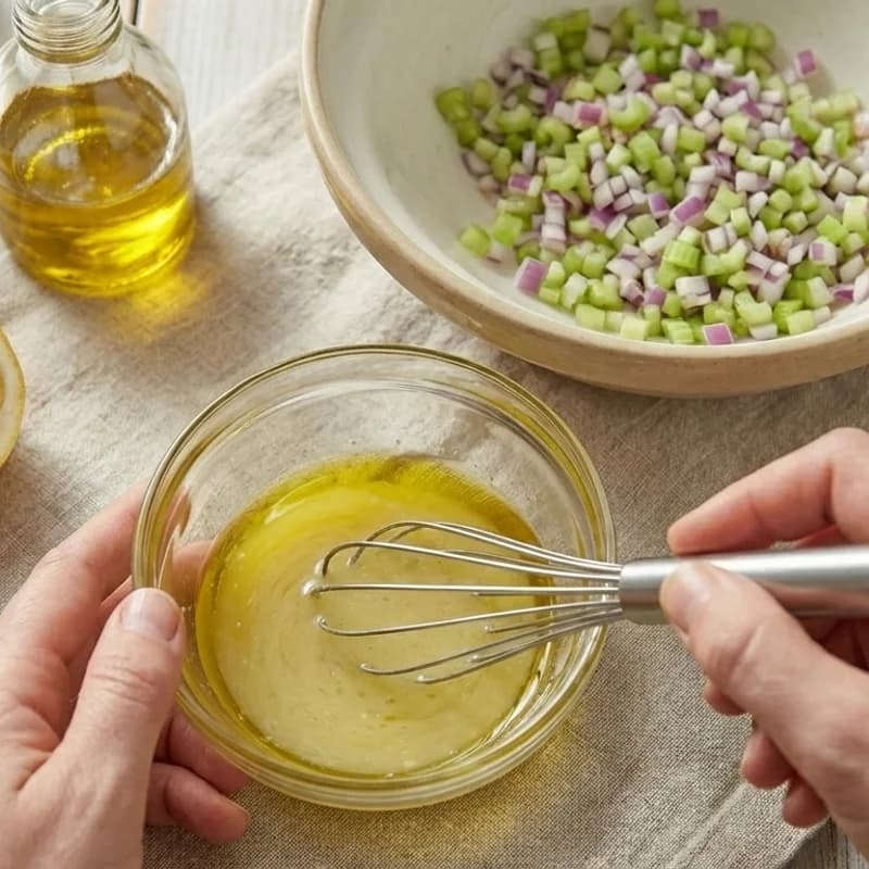 Step 2: In a small bowl, whisk together olive oil, lemon juice, and 