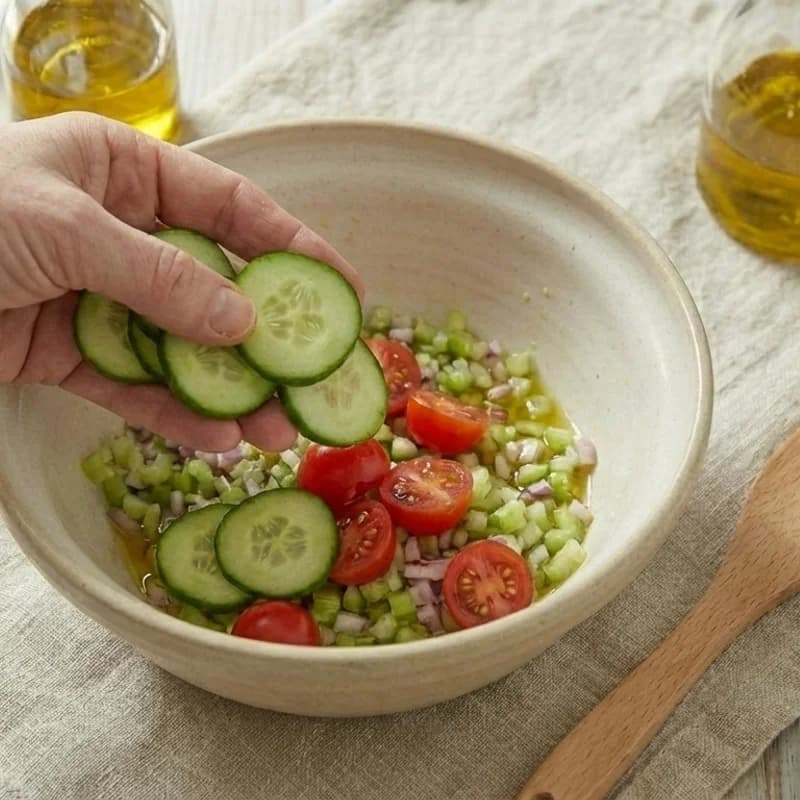 Step 5: Add sliced cucumber and halved cherry tomatoes around the ed