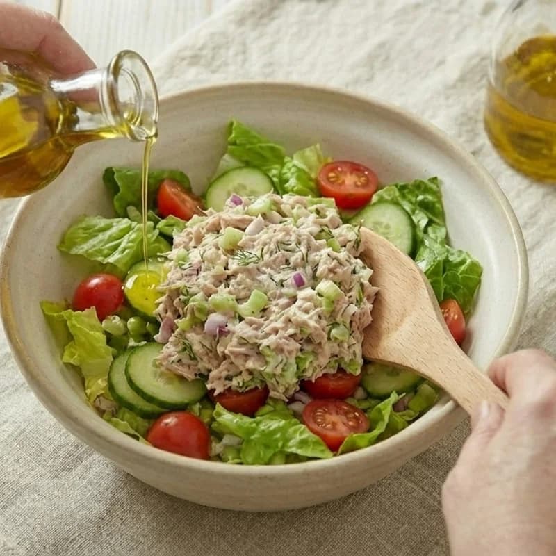 Step 6: Place the tuna salad in the center and drizzle remaining dre