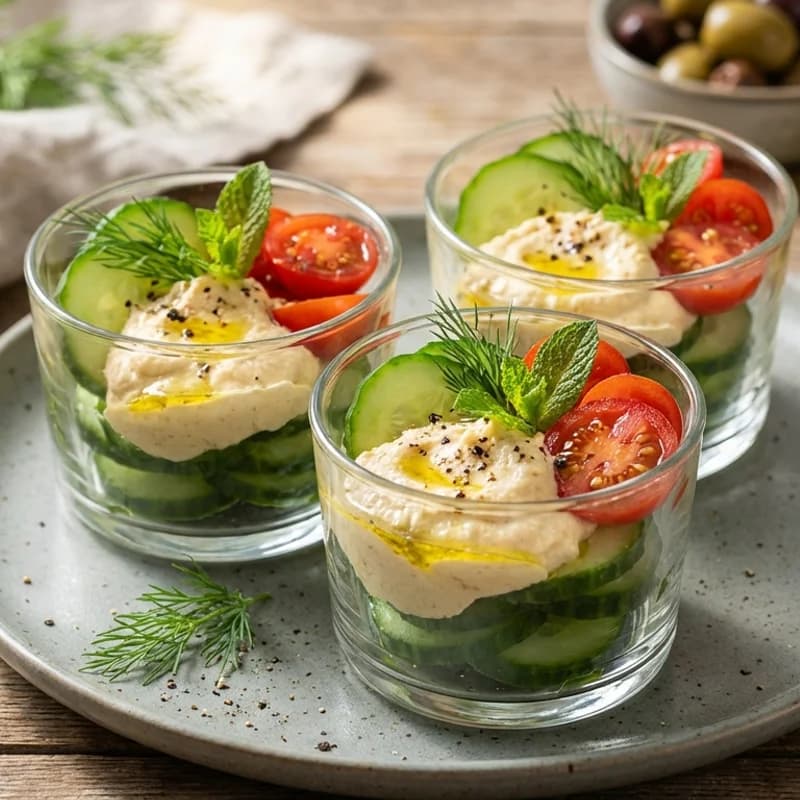 Cucumber Hummus Snack Cups - Crunchy cucumber rounds topped with creamy hummus and cherry tomatoes for a quic