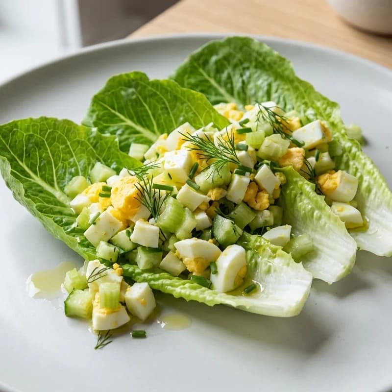 Egg Salad Lettuce Cups (Low Sodium) - Creamy olive-oil egg salad with celery and cucumber tucked into romaine leaves f