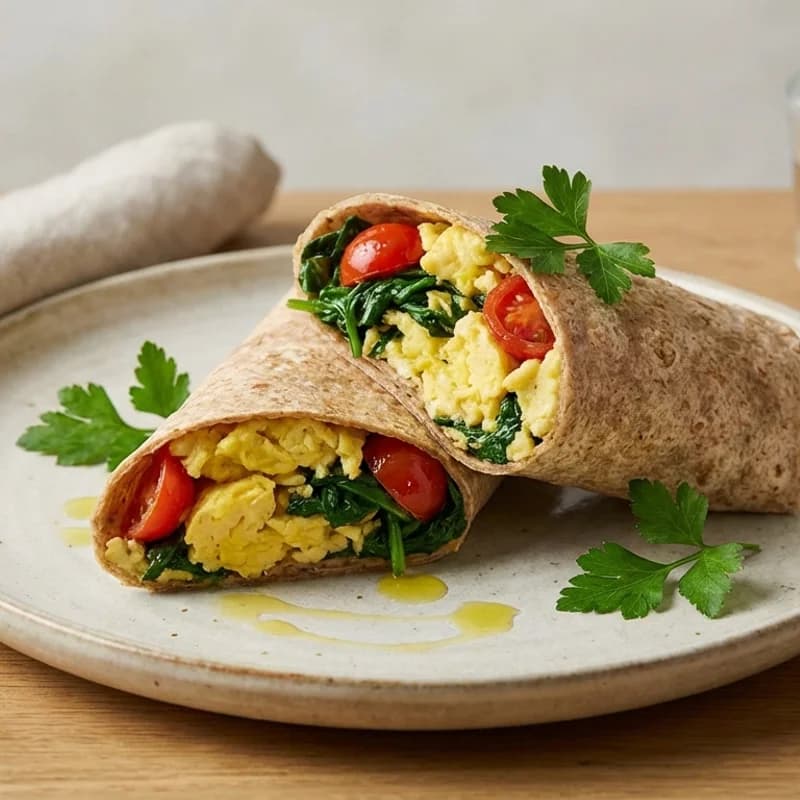 Egg & Veg Recovery Wrap (Post-Workout) - Scrambled eggs with spinach and tomatoes wrapped in whole wheat tortilla for a f