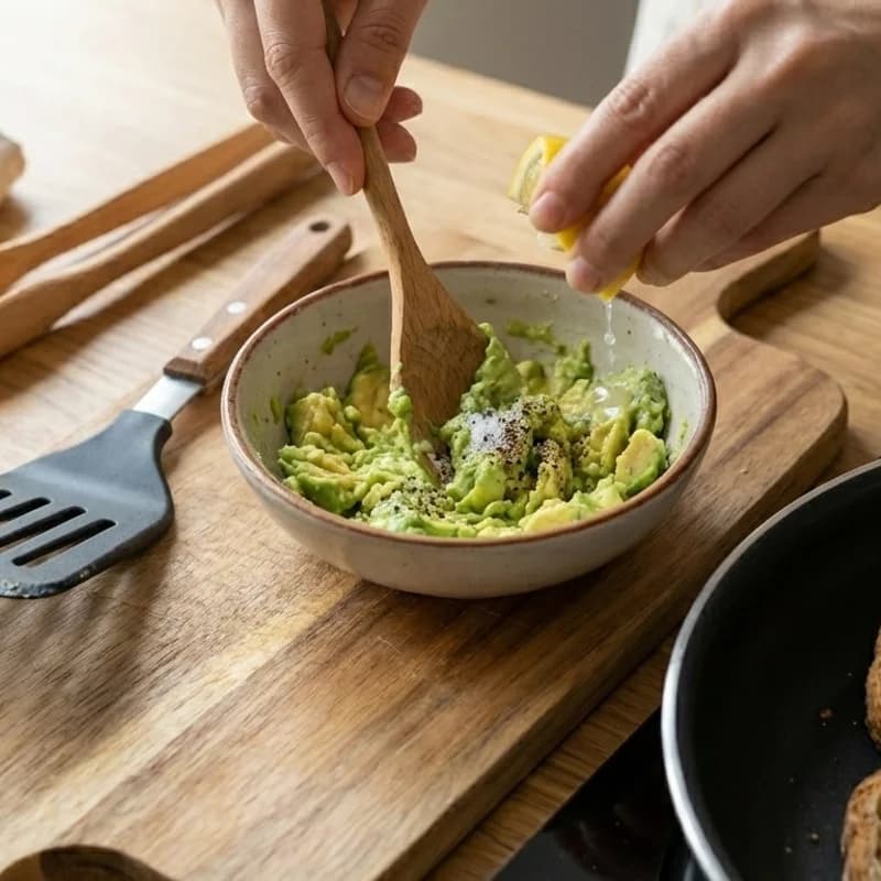 Step 2: While bread toasts, mash the avocado with lemon juice and a 