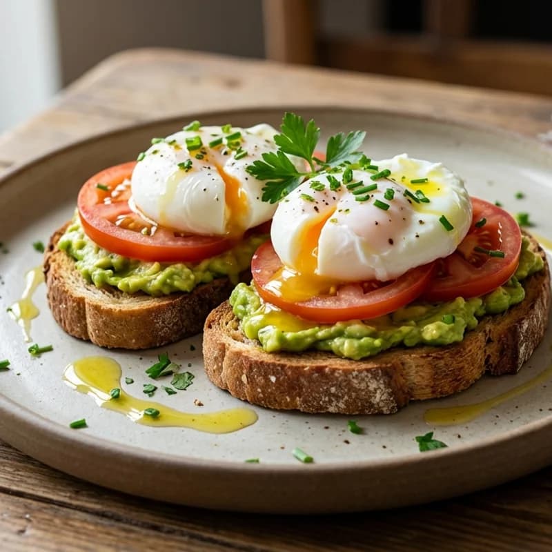 Eggs & Avocado Toast - A classic balanced breakfast featuring creamy avocado on whole grain toast toppe