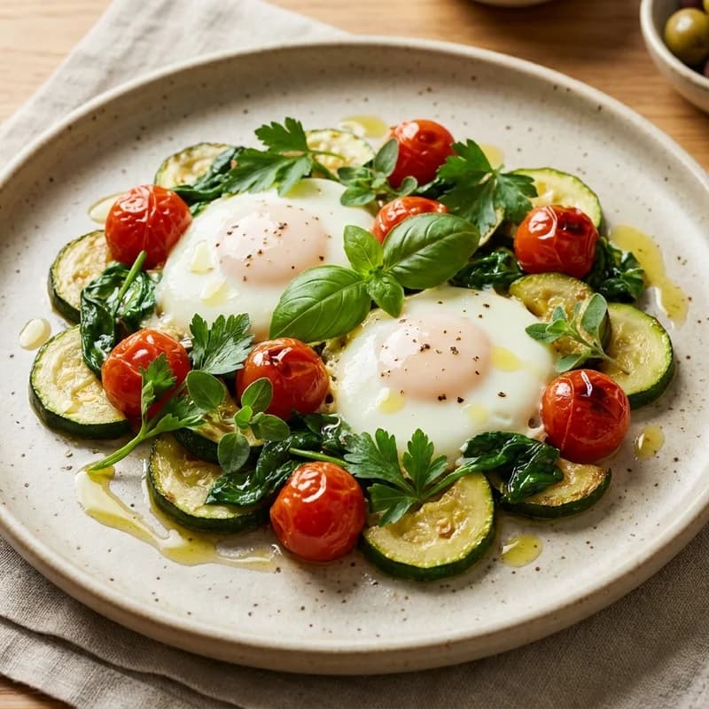 Garden Egg Skillet (Low Sodium) - One-pan eggs with zucchini, cherry tomatoes, and spinach for a light, kidney-fri