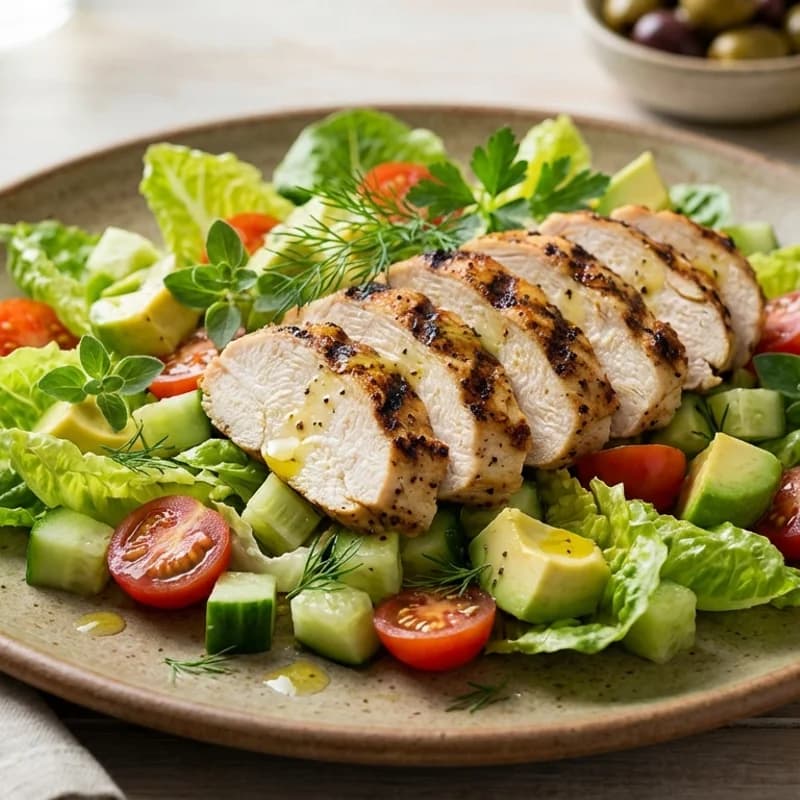 Grilled Chicken Avocado Salad - Tender grilled chicken breast over crisp romaine with cucumber, cherry tomatoes,