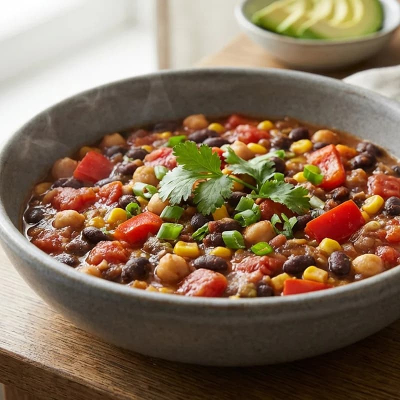 Hearty Veggie Bean Chili - Chunky chili with black beans, chickpeas, tomatoes, corn, and bell pepper simmer