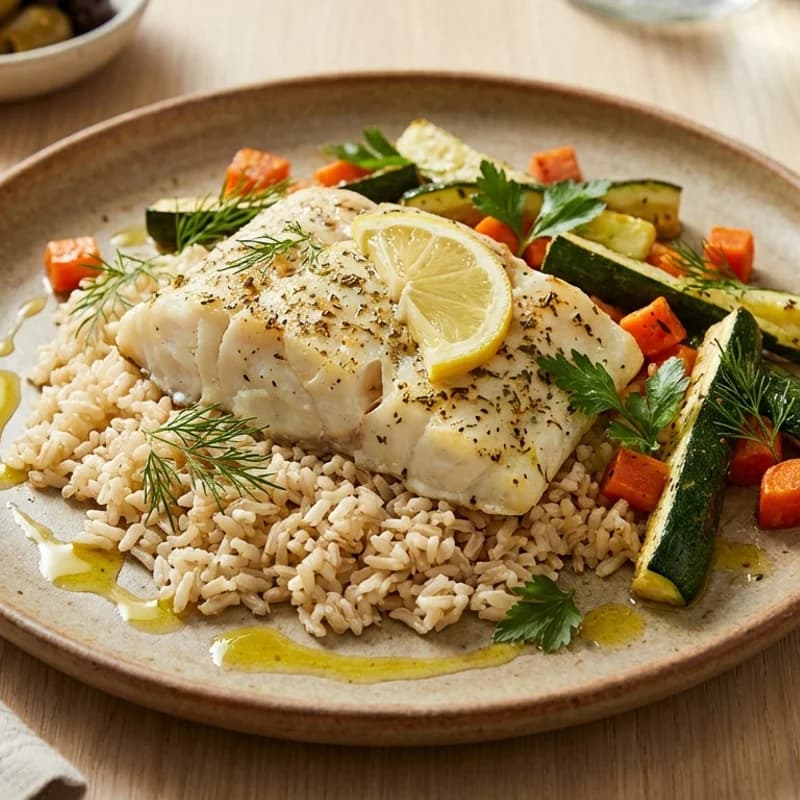 Lemon Cod Rice Bowl (Low Sodium) - Flaky cod with zucchini and carrots over rice, finished with lemon and dill for 