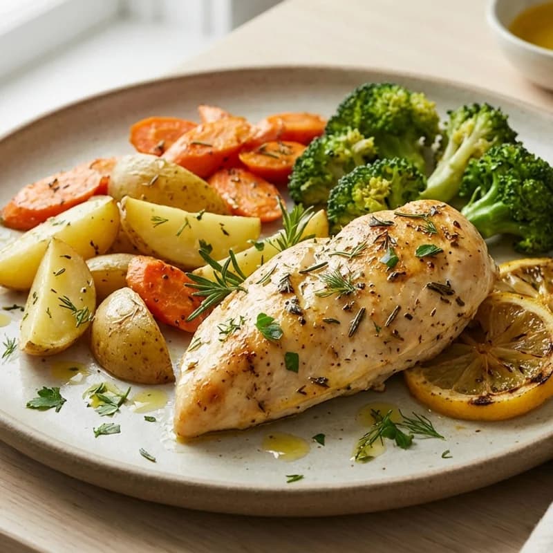 Lemon Herb Sheet Pan Chicken - One-pan roasted chicken with potatoes, carrots, and broccoli tossed in olive oil