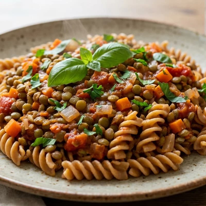 Lentil Bolognese with Whole Wheat Pasta - Rich tomato-lentil sauce simmered with onions, carrots, and garlic, served over 