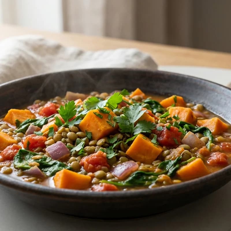 Lentil & Sweet Potato Stew - Hearty green lentils simmered with sweet potato, tomatoes, and spinach in a ligh