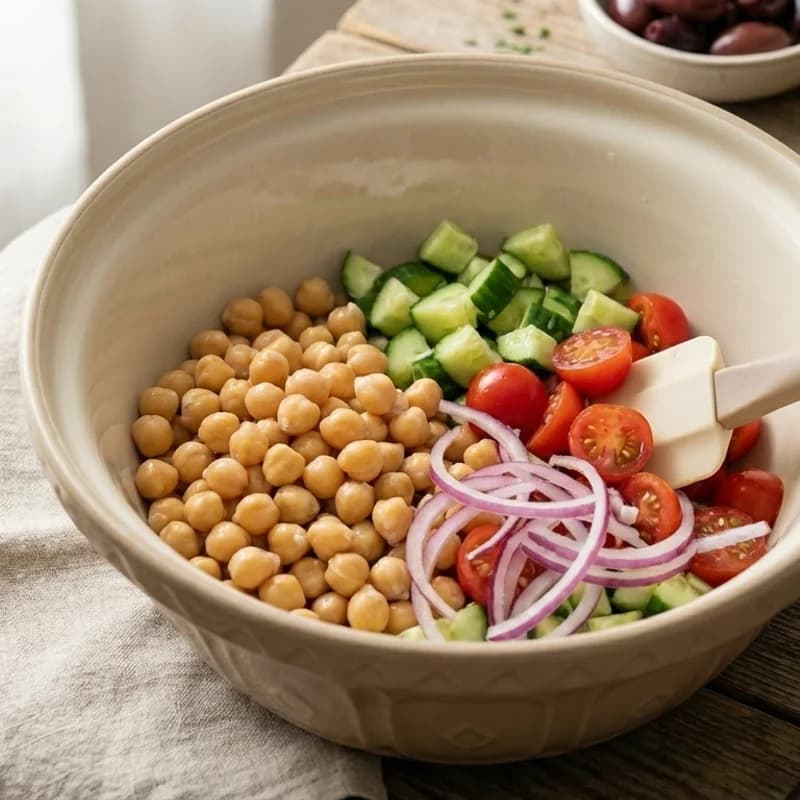 Step 1: In a large bowl, combine drained chickpeas, diced cucumber, 