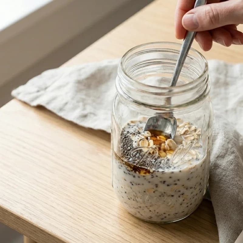 Step 1: In a jar or bowl, mix oats, chia seeds, almond milk, vanilla