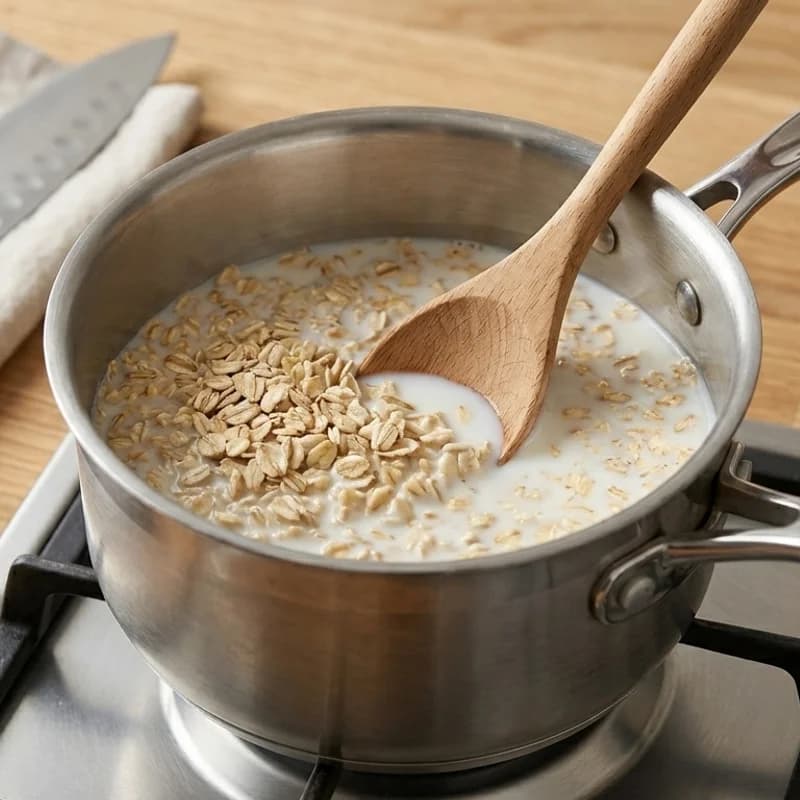 Step 1: Combine oats and milk in a small saucepan over medium heat.