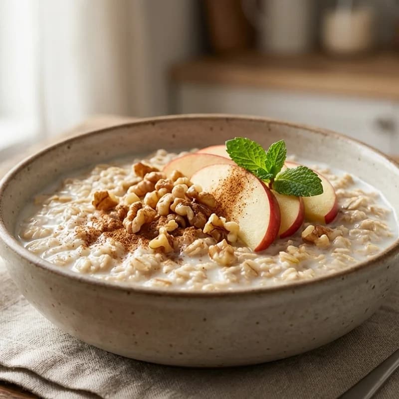 Oatmeal with Fruit & Nuts - Warm, comforting oatmeal topped with fresh apple slices, crunchy walnuts, and a 